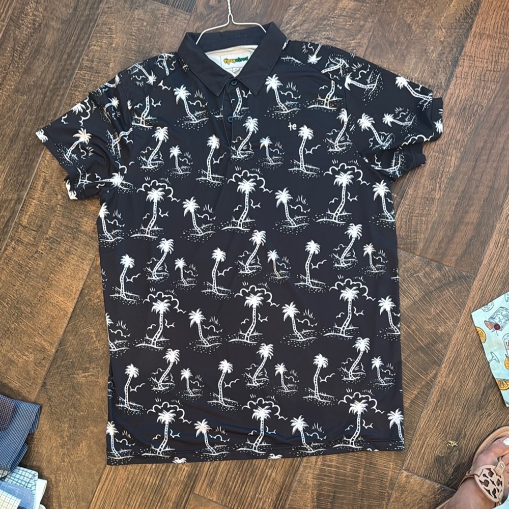 Tipsy Elves Black and White Polo Shirt with Tropical Print